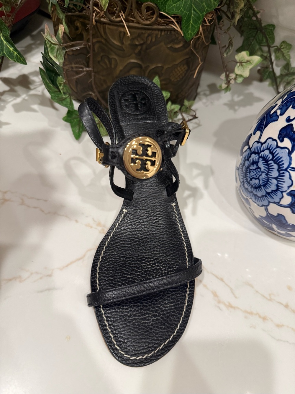 Tory Burch Black Leather Sandal with Gold Logo Medallion